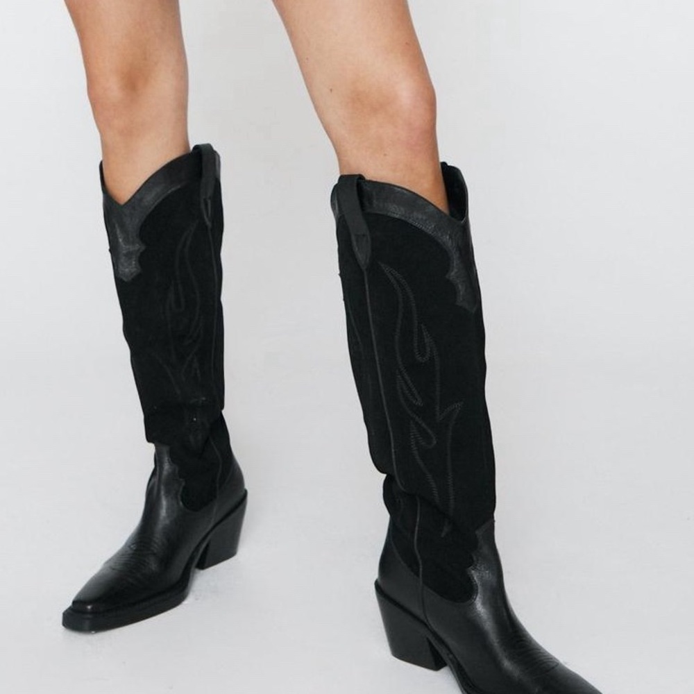 Black leather & suede knee high cowboy boots